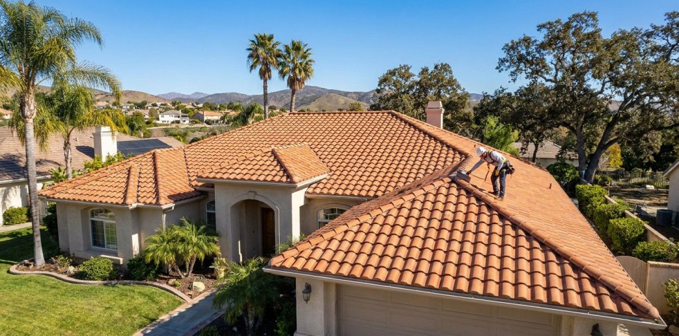 Roofer inspecting a tile roof on a suburban home in Santa Clarita, California